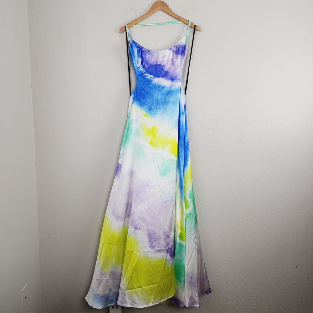 Retrofête Scarlett Silk Maxi Gown Watercolor Wave Tie-Dye Open Back NWOT Large - Picture 10 of 16
